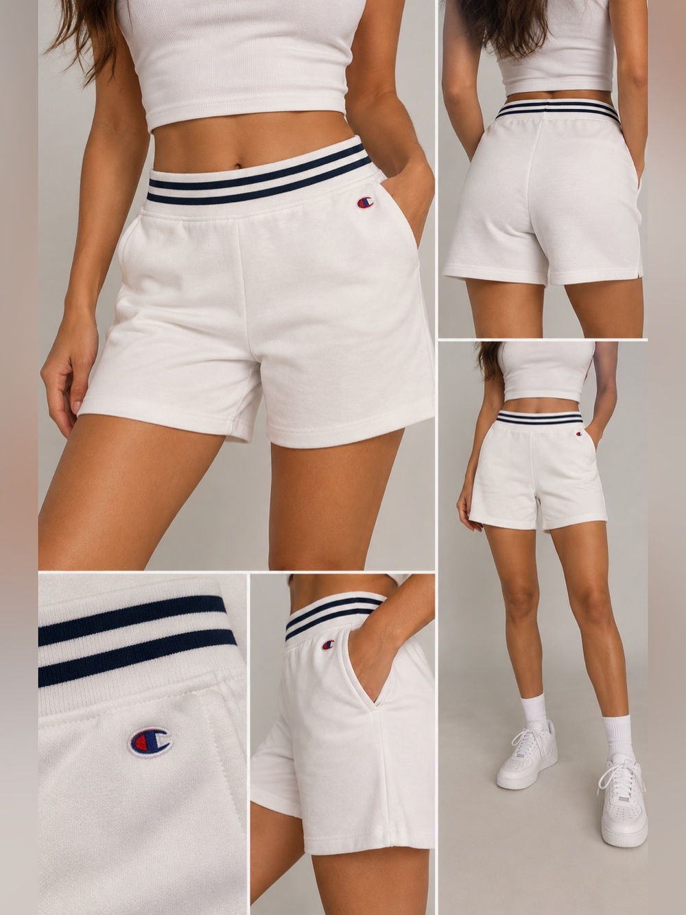 Champion White Terry Athletic Shorts with Navy Striped Waistband